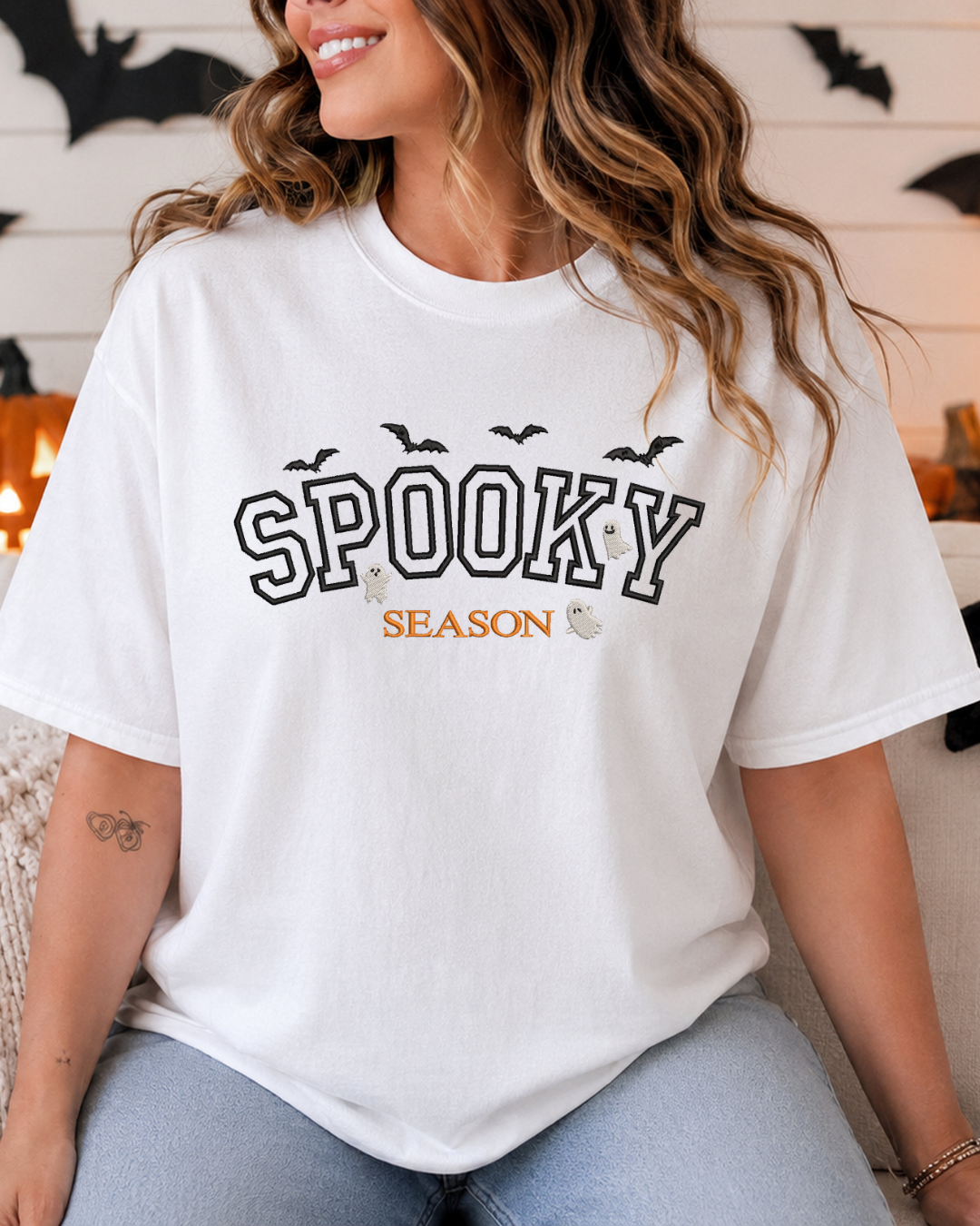 Spooky Season embroidered t-shirt in white with bats and ghost design